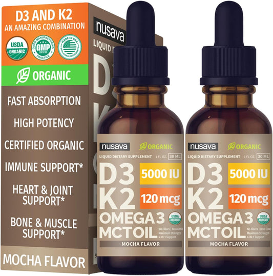 (2 Pack) Organic Vitamin D3 K2 Drops with MCT Oil & Omega 3 - Liquid Vitamin D3 5000 IU - K2 D3 Vitamin Supplement - Vitamin D Drops for Women & Men - No Fillers, Non-GM, GMP, Mocha Flavour (2 Fl Oz)