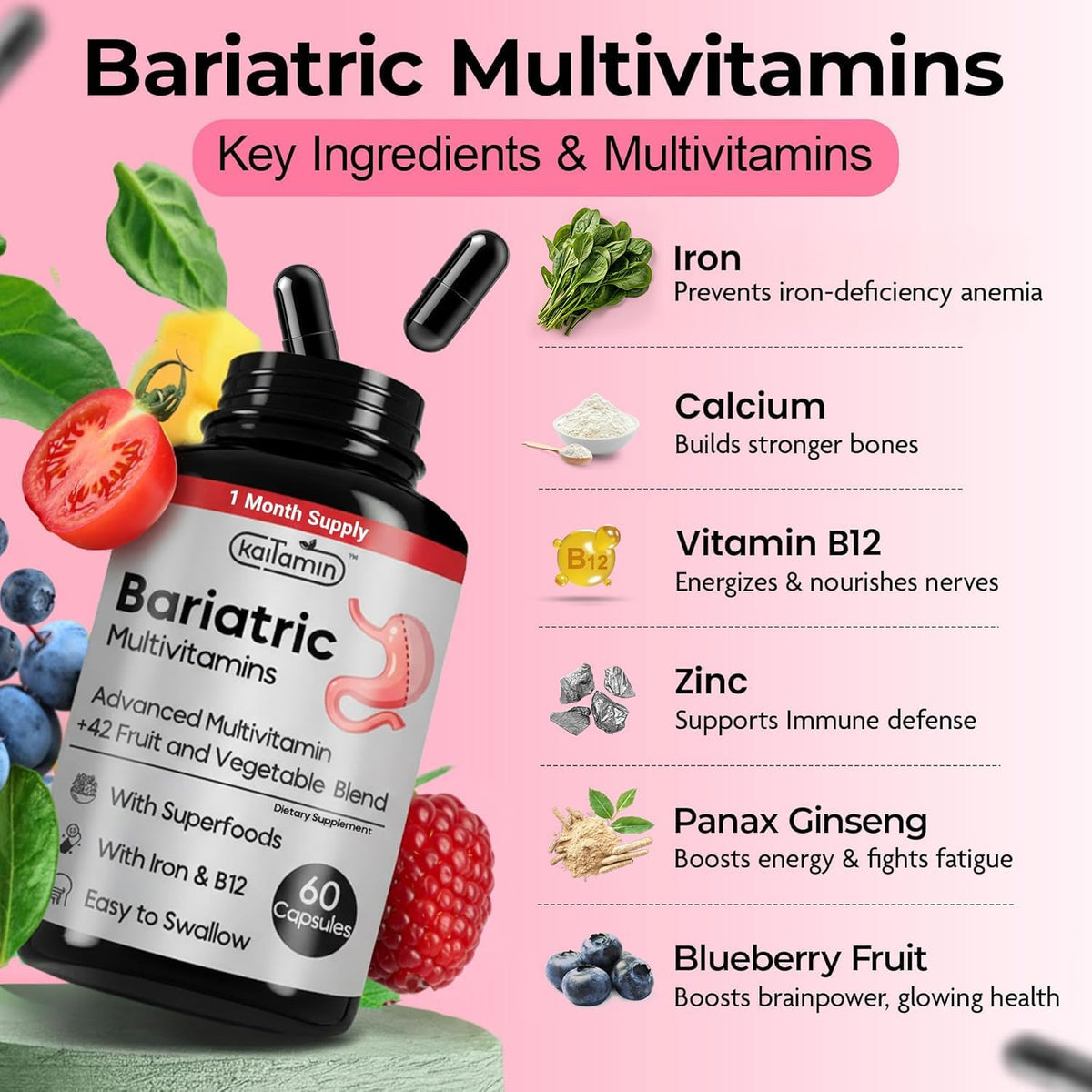 Kaitamin Bariatric Vitamins for Gastric Sleeve & Bypass with Iron, 60 Capsules – Image 2