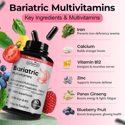 Kaitamin Bariatric Vitamins for Gastric Sleeve & Bypass with Iron, 60 Capsules – Image 2