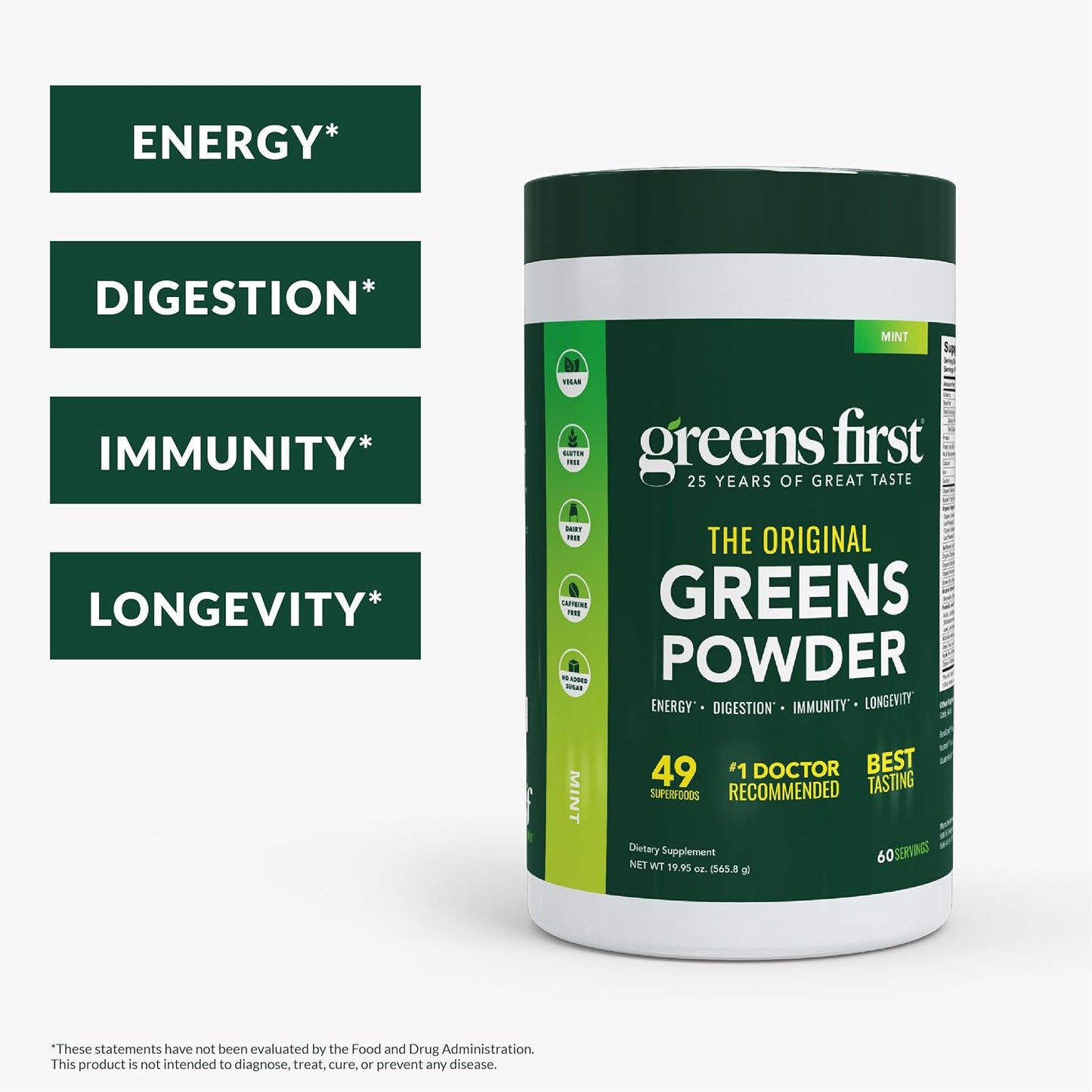 Greens First Original Greens Powder - 49 Superfoods - Organic Fruits & Vegetables - Prebiotics, Probiotics & Digestive Enzymes - Antioxidant Smoothie - Dairy-free, Vegan & Non-GM (Mint, 60 Servings) - görsel 2
