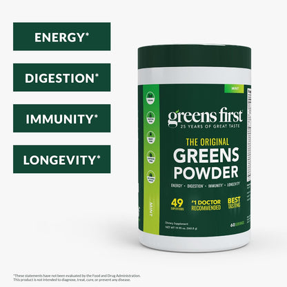 Greens First Original Greens Powder - 49 Superfoods - Organic Fruits & Vegetables - Prebiotics, Probiotics & Digestive Enzymes - Antioxidant Smoothie - Dairy-free, Vegan & Non-GM (Mint, 60 Servings)