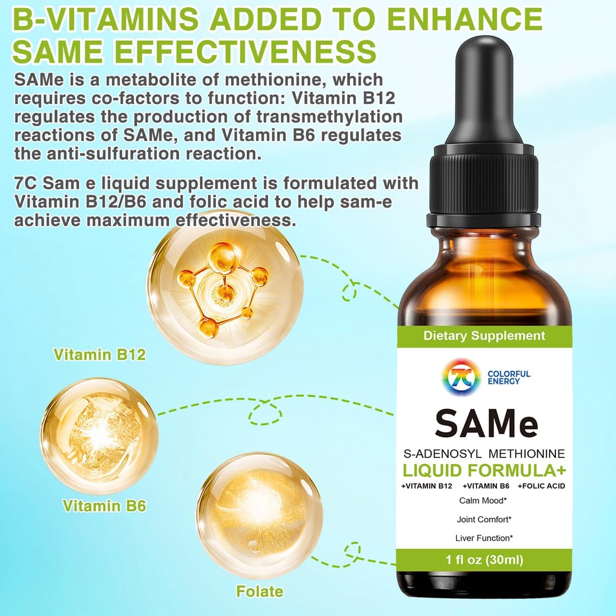 7c SAM-e Liquid Supplement - S-Adenosylmethionine with Vitamin B6 & B12, 1 fl oz (30 Servings) – Image 4