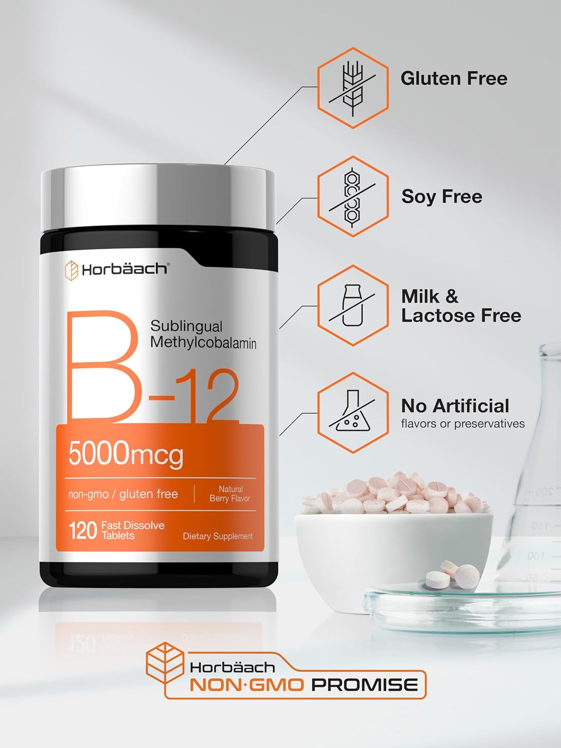 Horbäach Vitamin B12 5000 mcg Sublingual Tablets - Methylcobalamin - Natural Berry Flavour - 120 Count - görsel 5