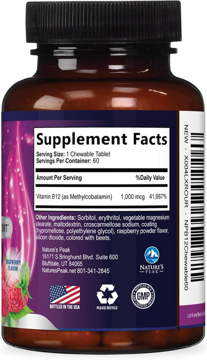 Nature's Peak Vitamin B12 Complex (Methylcobalamin) 1000 mcg - Chewable Tablets, Berry Flavour - 60 Count