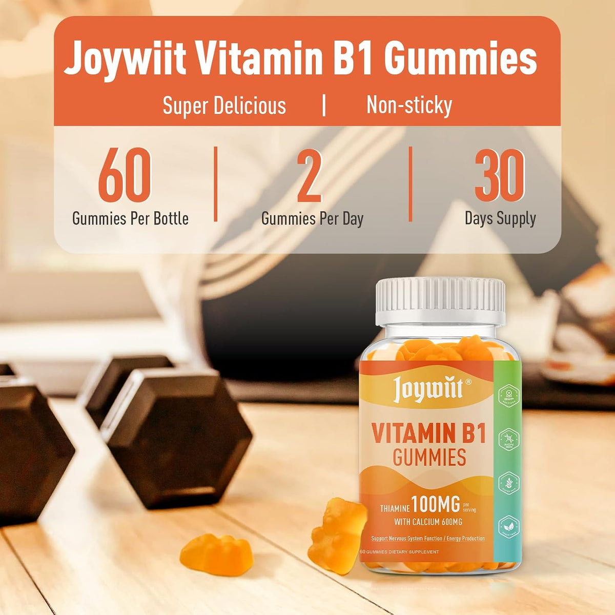 Joywiit Vitamin B1 Gummies 100mg with Calcium – Thiamine Supplement for Nervous System Support & Energy – Orange Flavour – – Image 7
