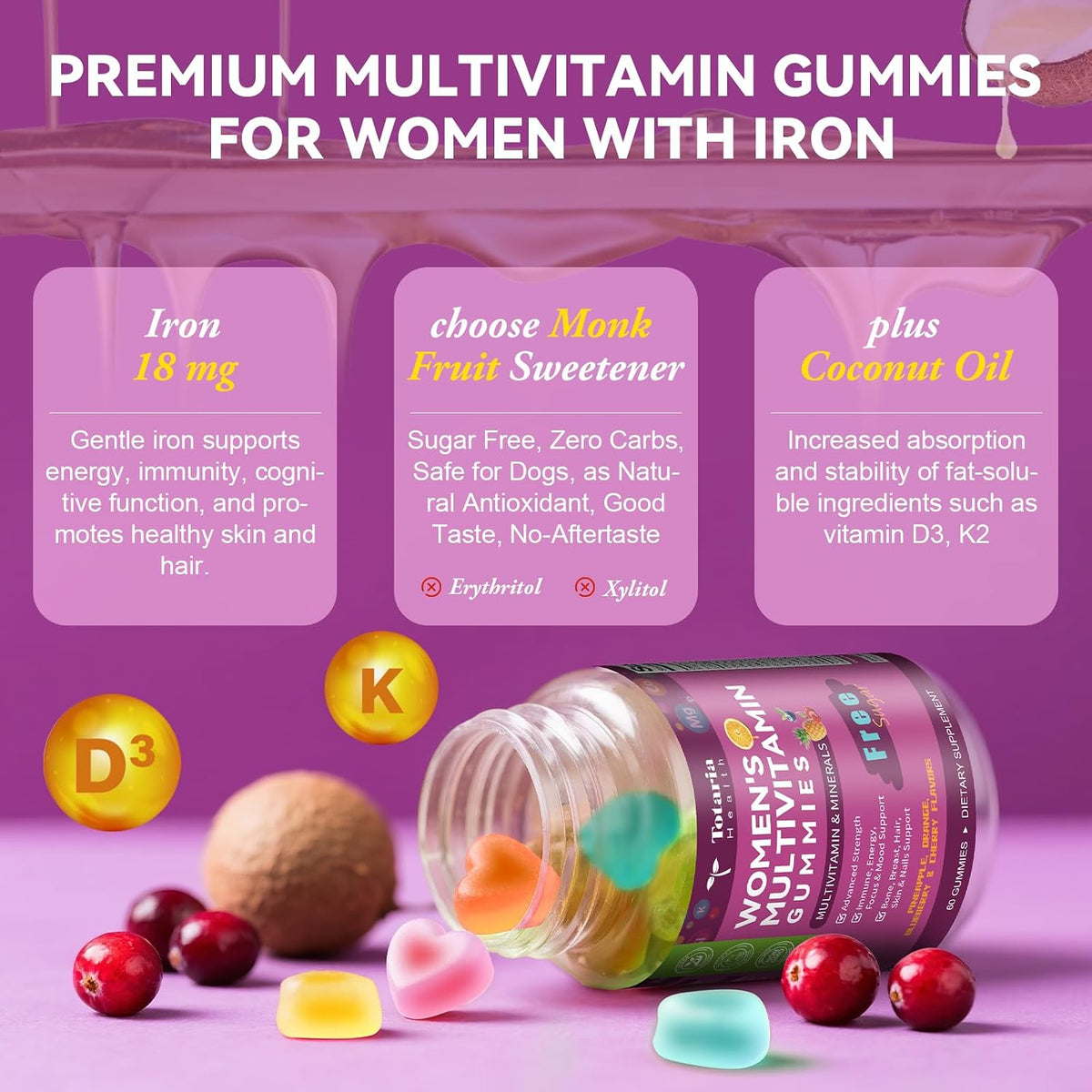 Totaria Sugar-free Women's's Multivitamin – Complete B-Complex: All eight B vitamins (B1, B2, B3, B6, B12, Folate, – Image 6