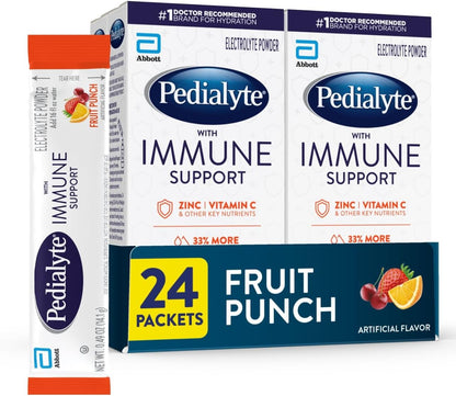 Pedialyte with Immune Support, Electrolyte Drink Powder Variety Pack (Fruit Punch & Mixed Berry) - 24 Powder Packets