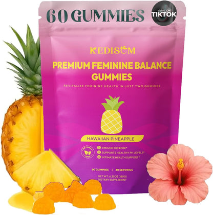 KEDISOM Premium Feminine Balance Gummies – Women's's Health & Wellbeing – Hawaiian Pineapple (60 Gummies) – Image 1
