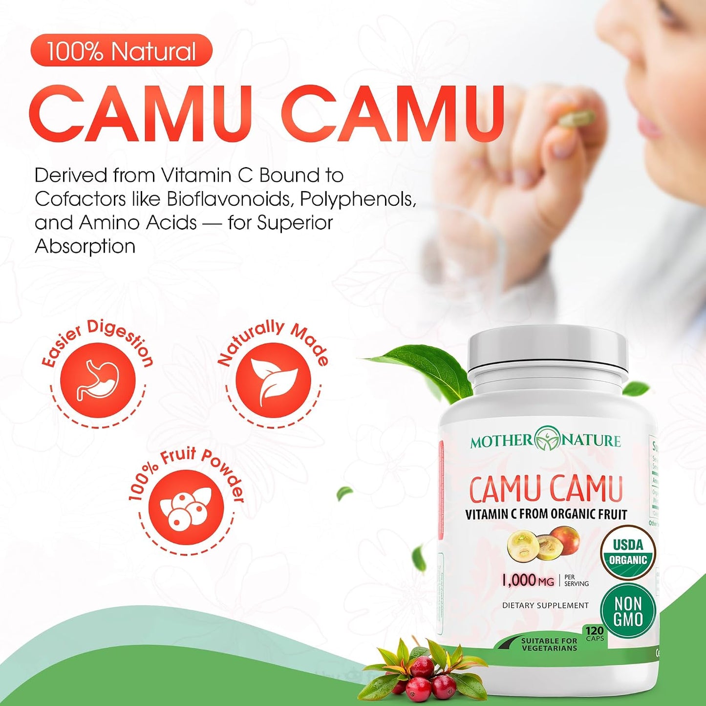 MNO Organic Camu Camu Vitamin C 1000mg, Wholefood Immune Support, 120ct - görsel 6