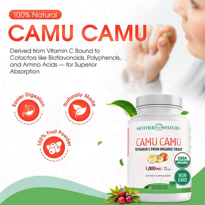 MNO Organic Camu Camu Vitamin C 1000mg, Wholefood Immune Support, 120ct