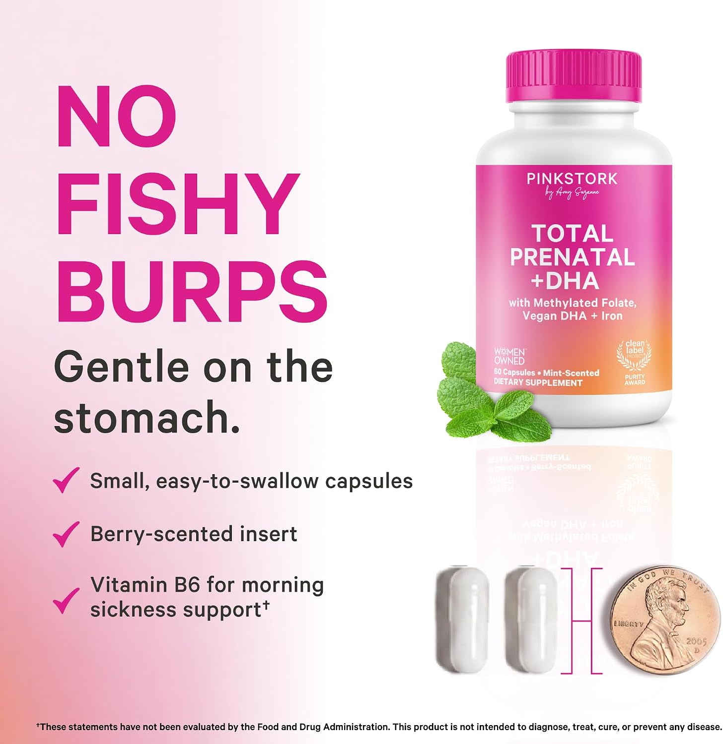Pink Stork Total Prenatal Vitamins - 60 Count, Mint - Vegan DHA, Methylfolate, Iron, Choline - görsel 3