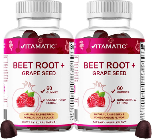 Vitamatic Beet Root Gummies with B6, B12, Grape Seed, Pomegranate & Niacin – Plant-Based Extract – Vegan, Non-GM – 120 Count – Image 1