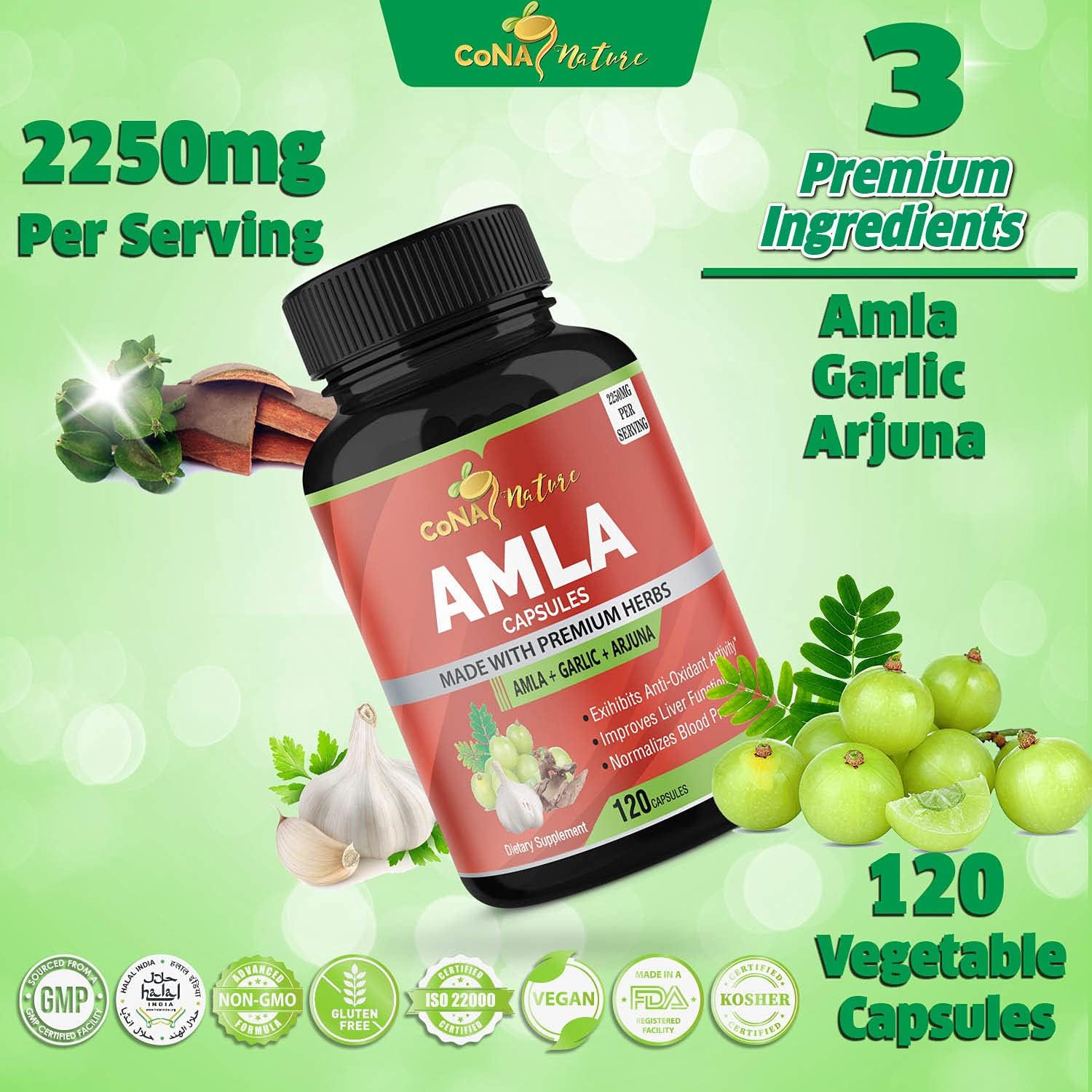 Cona Nature Organic Amla Capsules 1650mg with Arjuna & Garlic – Natural Vitamin C Supplement, Antioxidant Rejuvenator, Immunity & Energy Support, Gluten free, Vegan, 120 Capsules - görsel 6