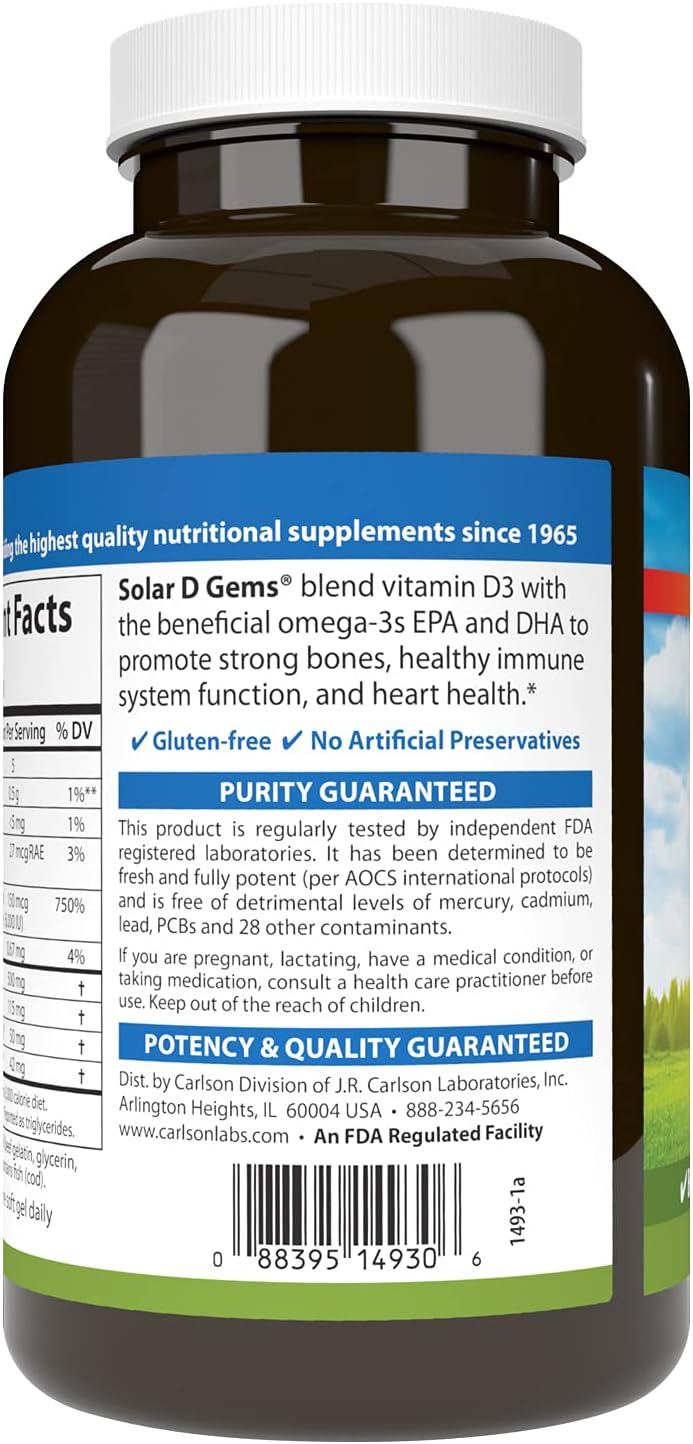 Carlson Solar D Gems, Vitamin D3 & Omega-3 Supplement, 6000 IU (150 mcg) Vitamin D3, 115 mg Omega-3s EPA and DHA, Lemon, 360 Softgels - görsel 3