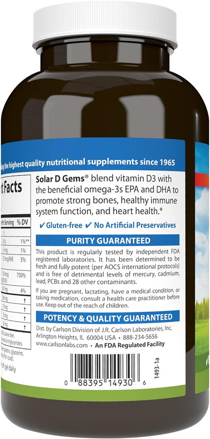 Carlson Solar D Gems, Vitamin D3 & Omega-3 Supplement, 6000 IU (150 mcg) Vitamin D3, 115 mg Omega-3s EPA and DHA, Lemon, 360 Softgels