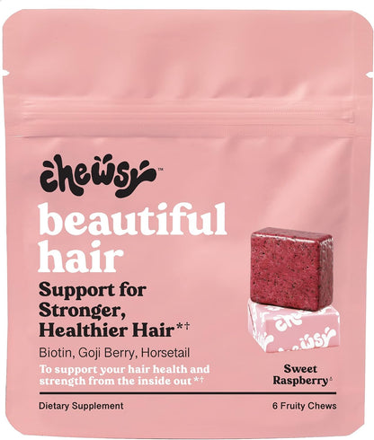 Chewsy - Beautiful Hair Chews - Promotes Stronger, Healthier Hair, Biotin, Vitamins C, A, B12, D3, Goji Berry - 6-Day Supply