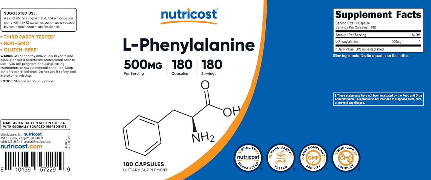 Nutricost L-Phenylalanine 500mg - 180 Capsules - görsel 6
