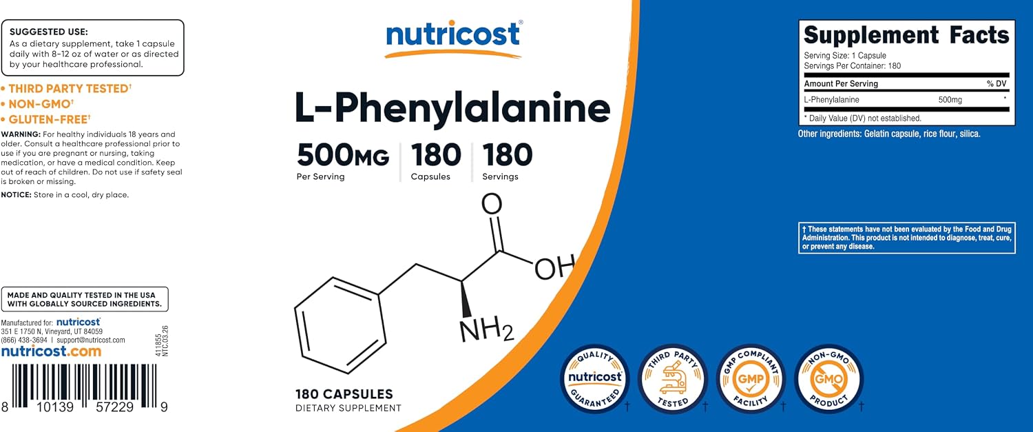 Nutricost L-Phenylalanine 500mg - 180 Capsules - görsel 6