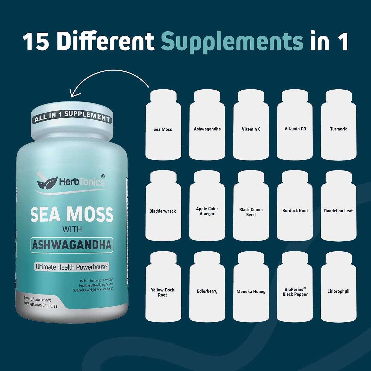 Herbtonics Sea Moss, Black Cumin Seed, Ashwagandha, Burdock Root & ACV Complex - 60 Capsules - görsel 2