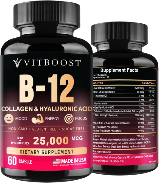 VITBOOST B12 Complex with Hyaluronic Acid, – Energy Metabolism: B12 helps convert food into fuel, combating – Image 1