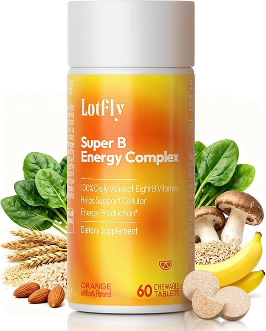 LOTFLY Vitamin B Complex – 120 Chewable Tablets with B1, B2, B3, B5, B6, B7, B9, B12 & Taurine – Image 1