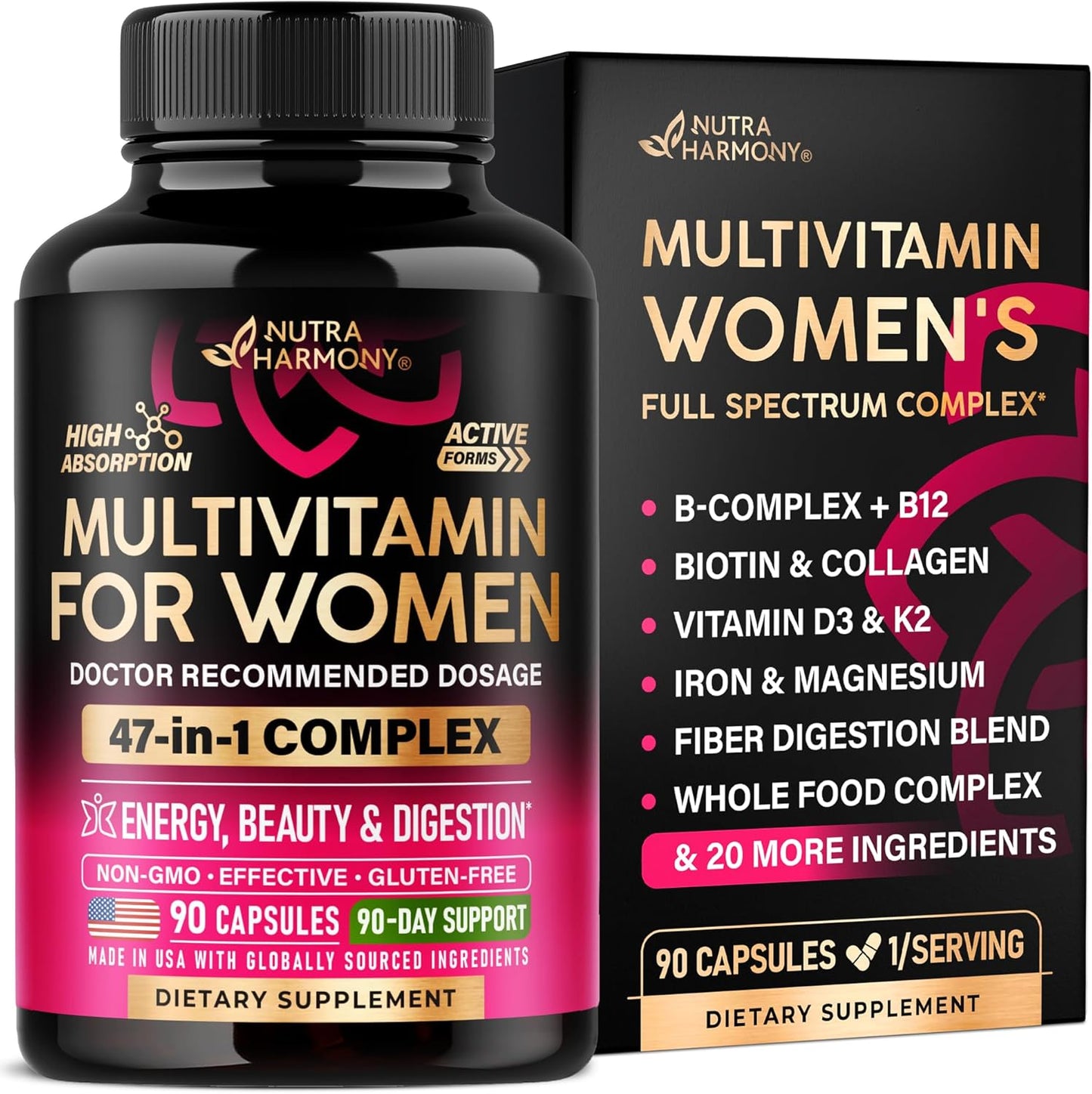 NUTRAHARMONY Women's's Multivitamin 47-in-1 with B-Complex, Whole Foods and Beauty Complex - 90 Capsules - görsel 1