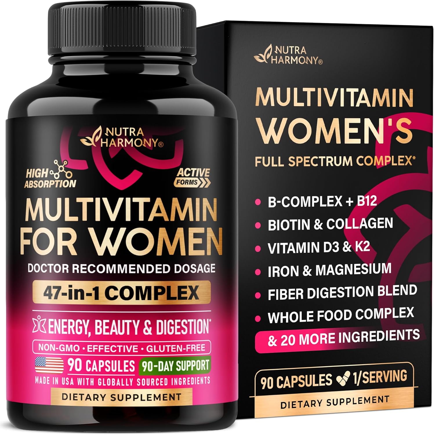 NUTRAHARMONY Women's's Multivitamin 47-in-1 with B-Complex, Whole Foods and Beauty Complex - 90 Capsules - görsel 1