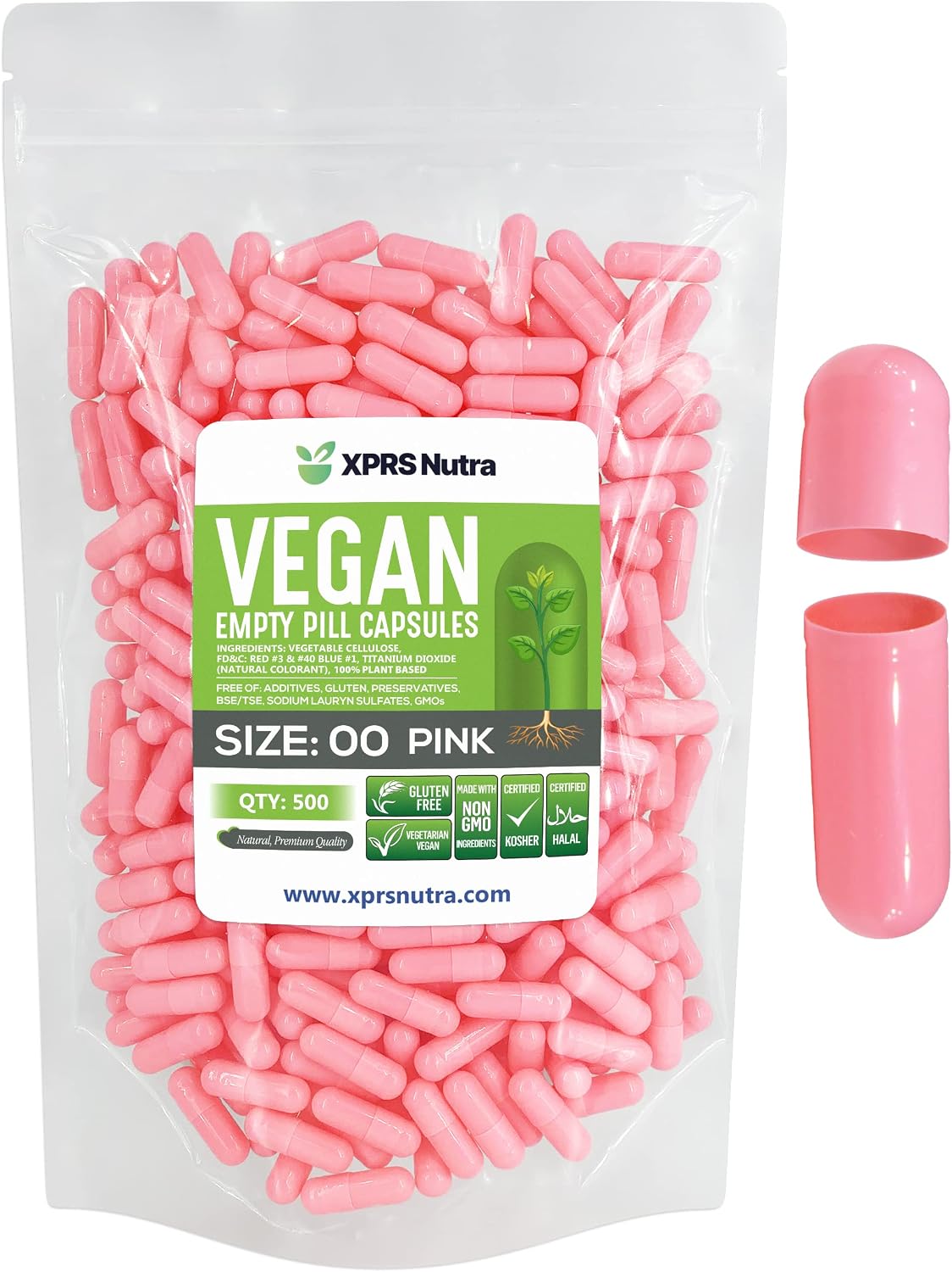 XPRS Nutra Size 00 Empty Capsules - 500 Count - Empty Vegan Capsules - DIY Pill Capsules (Pink) - görsel 1