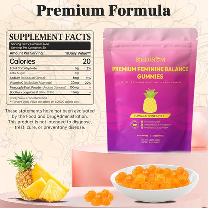 KEDISOM Premium Feminine Balance Gummies – Women's's Health & Wellbeing – Hawaiian Pineapple (60 Gummies) – Image 3