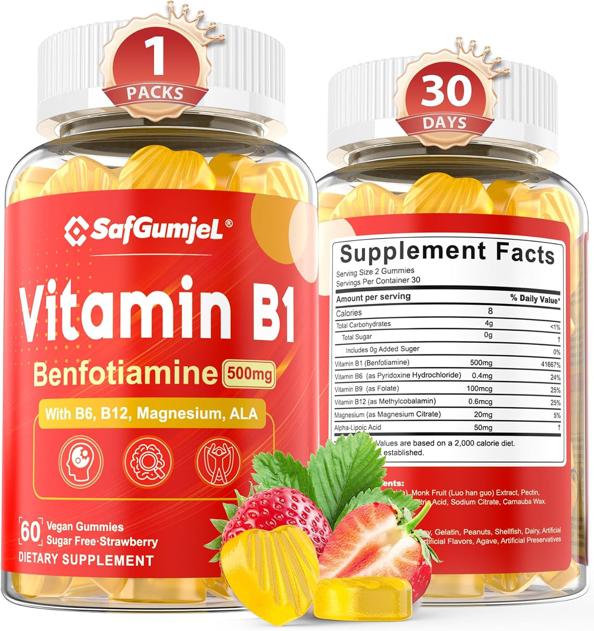Vitamin B1 (Benfotiamine) Gummies 500mg – B Complex with B6, B12, Magnesium – Vegan, Sugar-free, 60 Count – Image 1