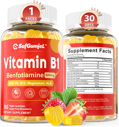 Vitamin B1 (Benfotiamine) Gummies 500mg – B Complex with B6, B12, Magnesium – Vegan, Sugar-free, 60 Count – Image 1