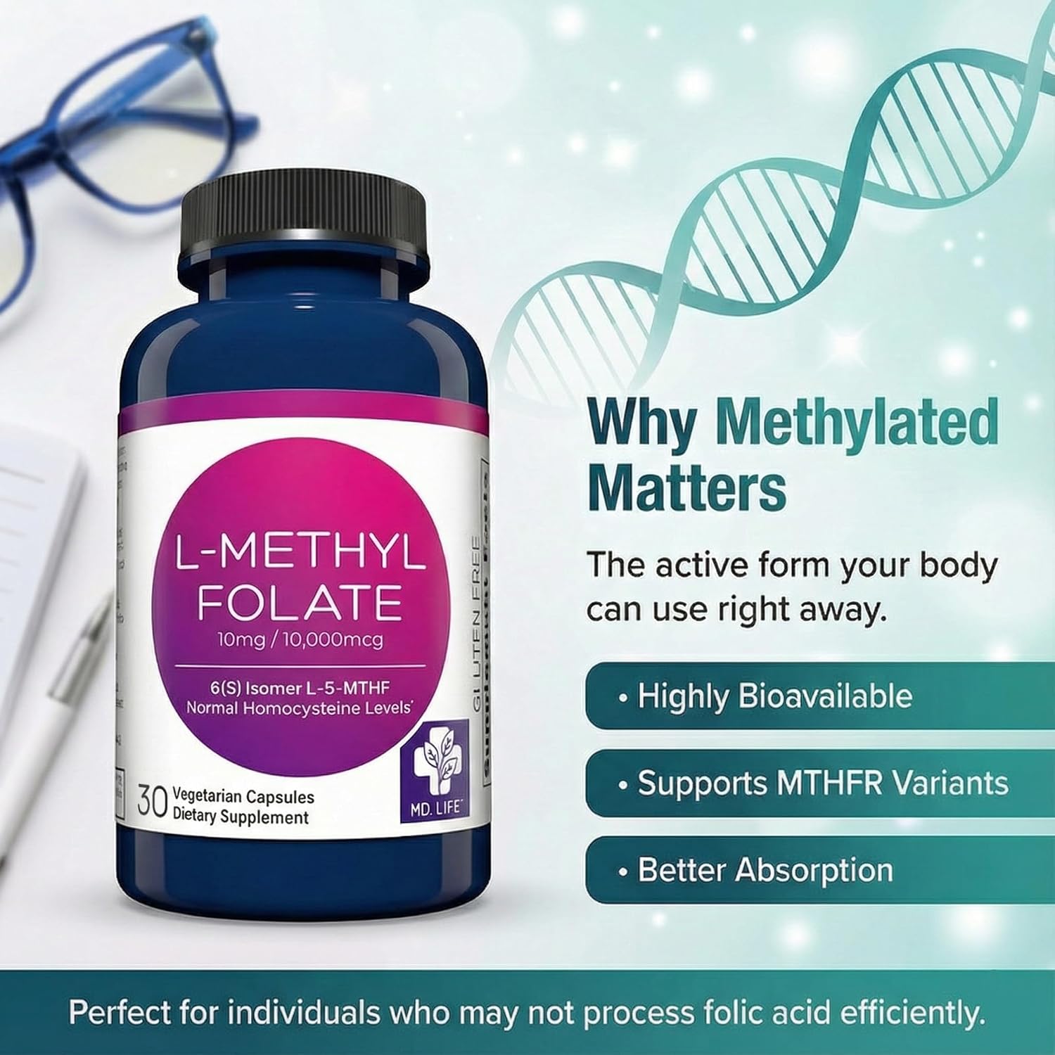 MD Life L-Methylfolate 10 mg Supplement - Active Folate - 30 Capsules - görsel 3