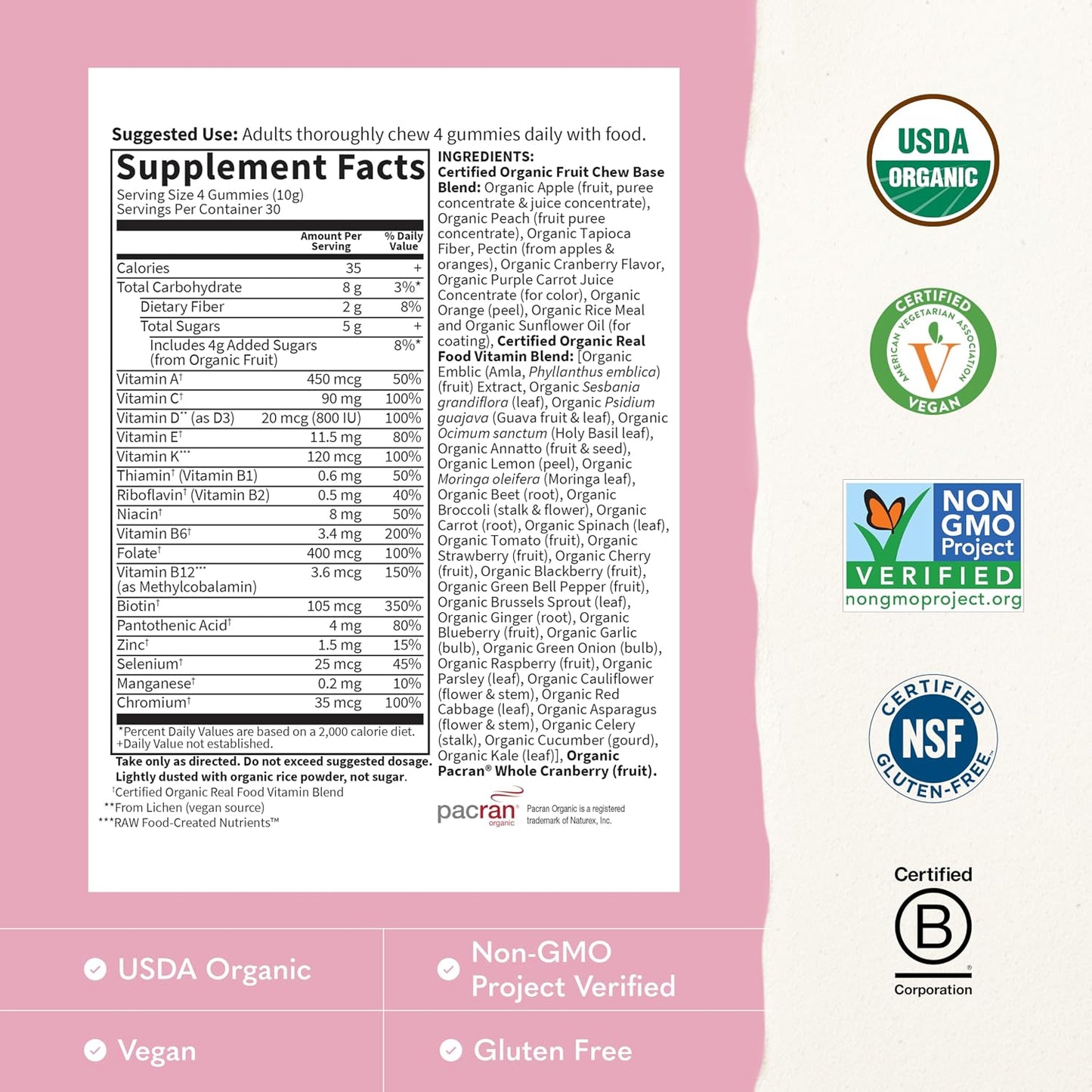 Garden of Life Organics Women's Gummies Vitamins – Multivitamin for Women with Methyl B12, C & D3, Certified Organic, Non-GM, Vegan, Berry Flavour, 120 Gummies - görsel 3