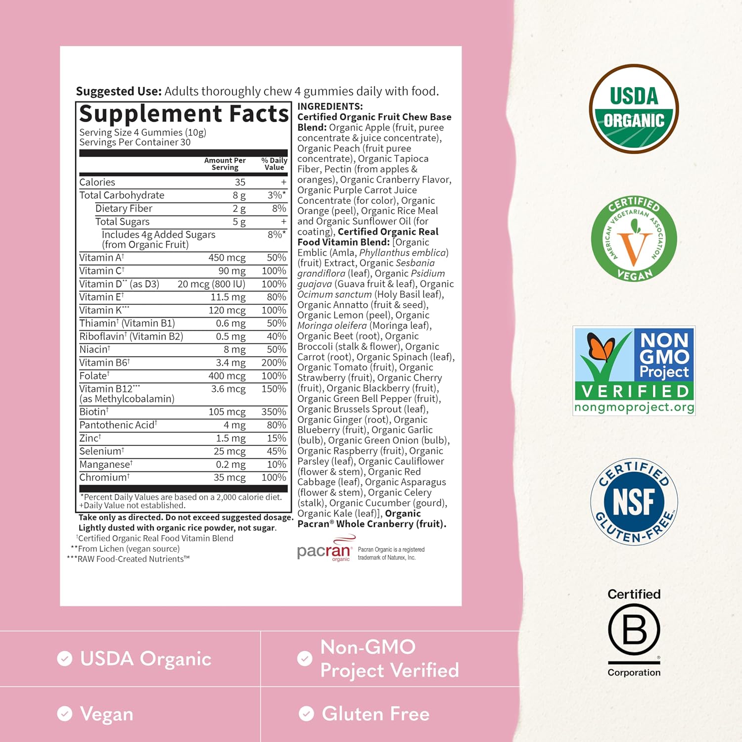 Garden of Life Organics Women's Gummies Vitamins – Multivitamin for Women with Methyl B12, C & D3, Certified Organic, Non-GM, Vegan, Berry Flavour, 120 Gummies - görsel 3