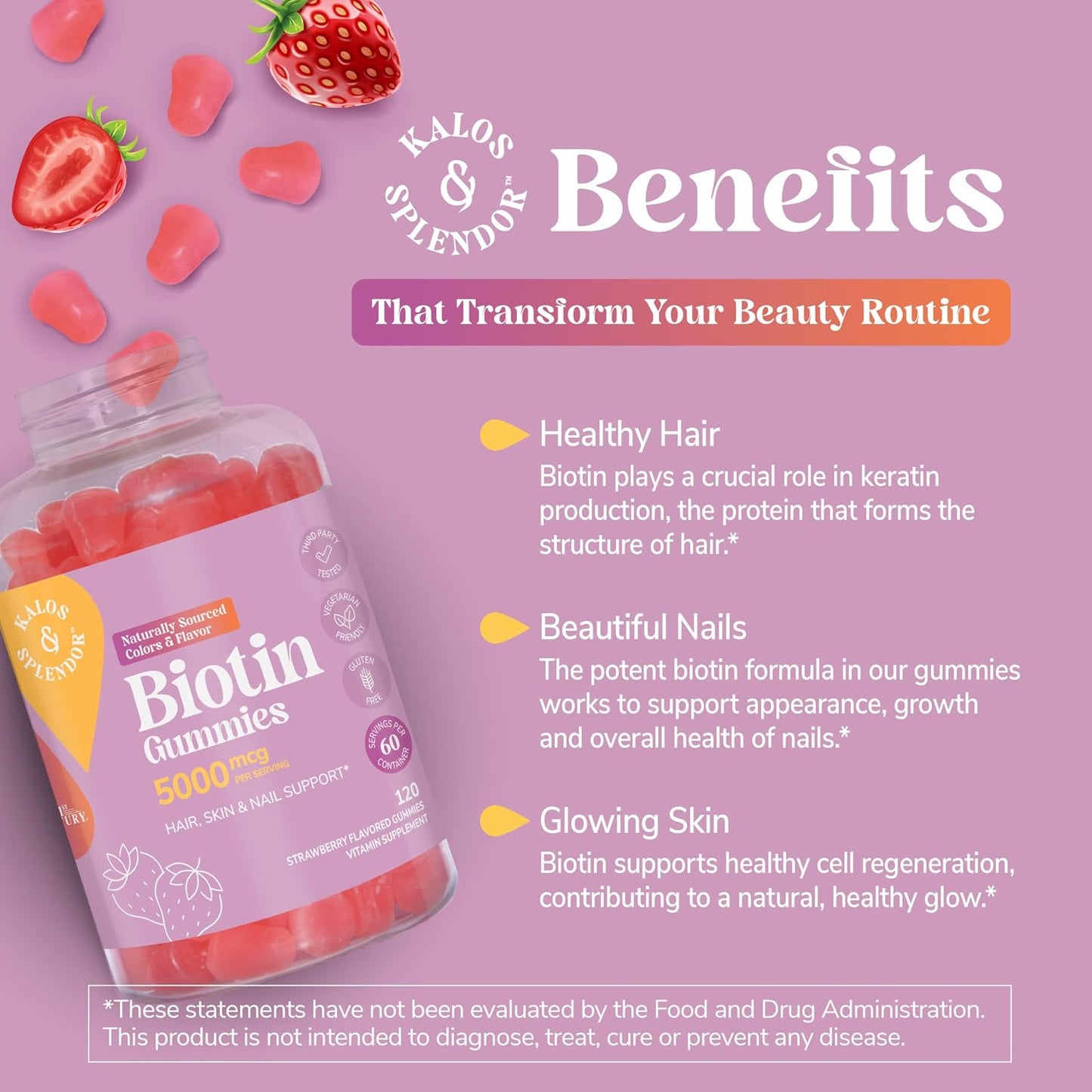 21st Century Biotin Gummies 5000 mcg for Hair Growth, Skin and Nail Health – Vegetarian Strawberry Supplement for Women, 120 Gummies, Gluten free - görsel 6