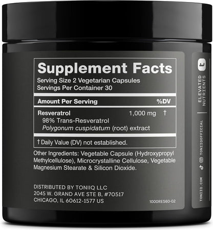 Toniiq Ultra High Potency Trans Resveratrol 1000mg – 98% Pure – 60 Capsules