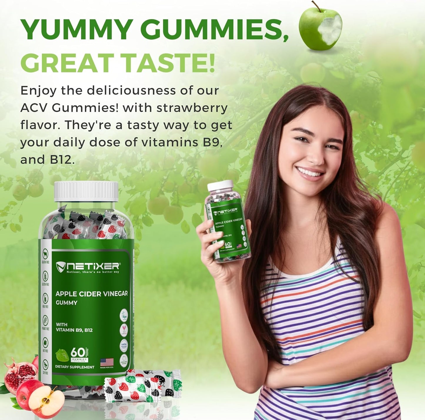 Apple Cider Vinegar Gummies – 350mg Apple Cider Vinegar per Gummy – with Vitamin B9 & B12 – Vegan Pectin Gummies – Individually Wrapped – 60 Gummies - görsel 4