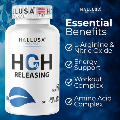 Hallusa Natural HGH Releasing Support Supplement - L-Arginine & Ornithine, Nitric Oxide Support for Muscle Recovery and Performance - 60 Tablets