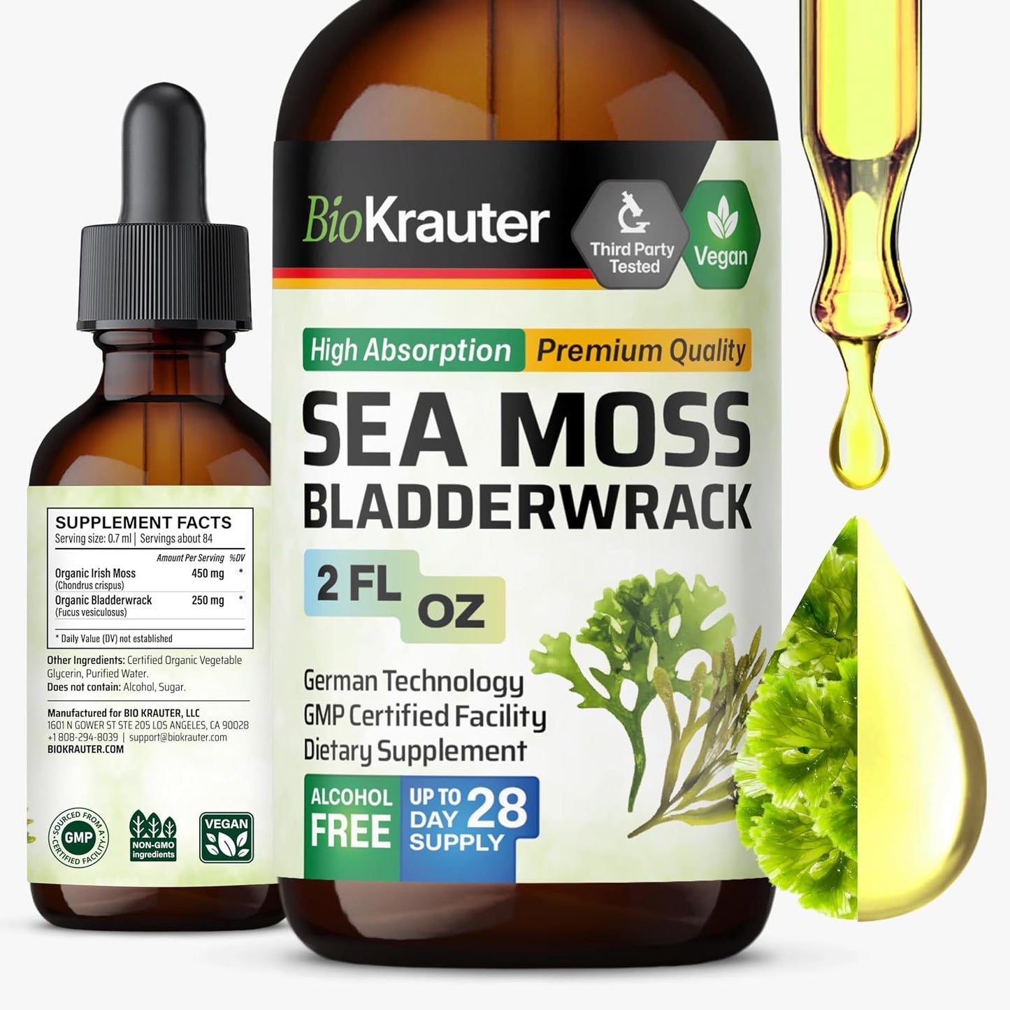 BIO KRAUTER 2-in-1 Sea Moss & Bladderwrack Drops - Vegan Liquid Supplement, 60 mL - görsel 1