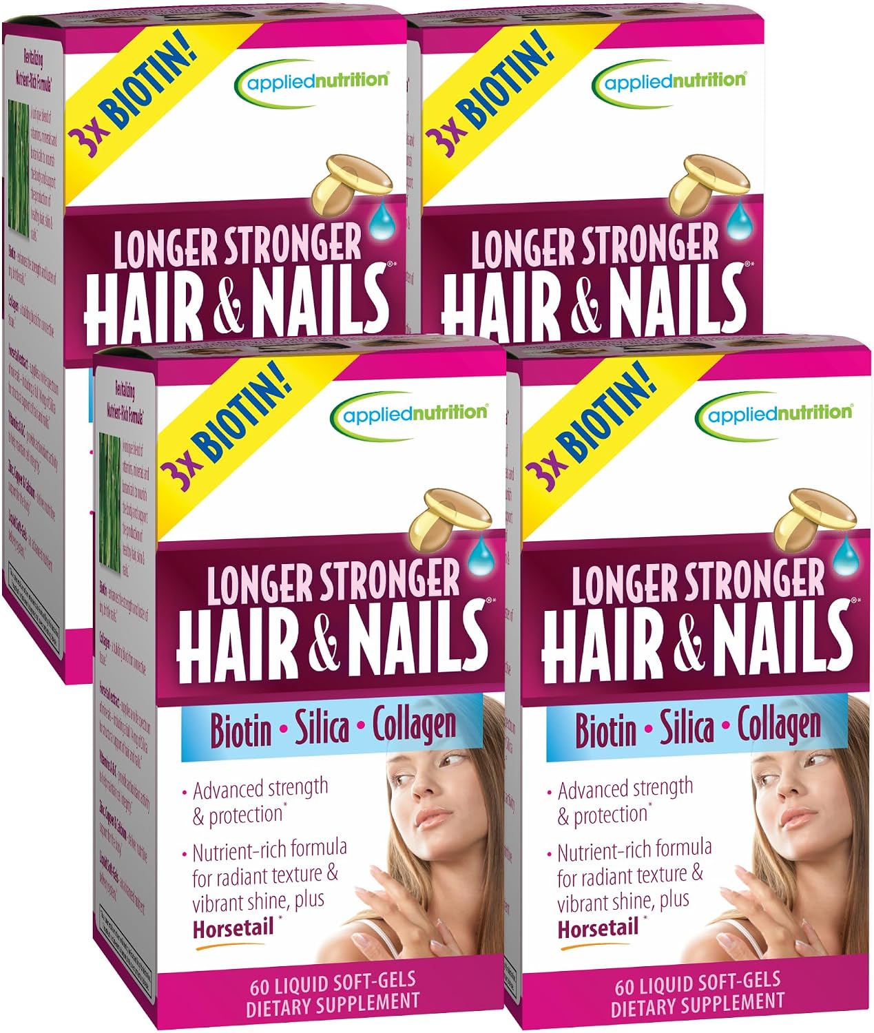 Applied Nutrition Longer Stronger Hair & Nails - 60 Liquid Soft-Gels (Pack of 4) - Biotin, Silica & Collagen - 120 Servings - görsel 1