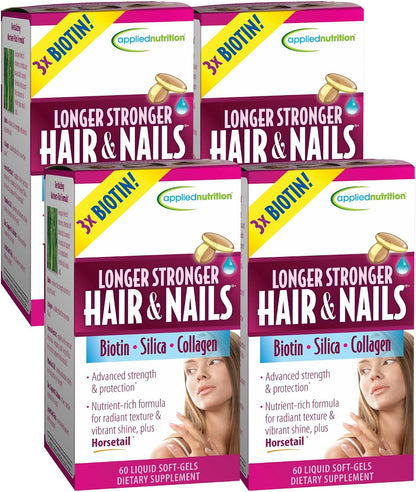 Applied Nutrition Longer Stronger Hair & Nails - 60 Liquid Soft-Gels (Pack of 4) - Biotin, Silica & Collagen - 120 Servings