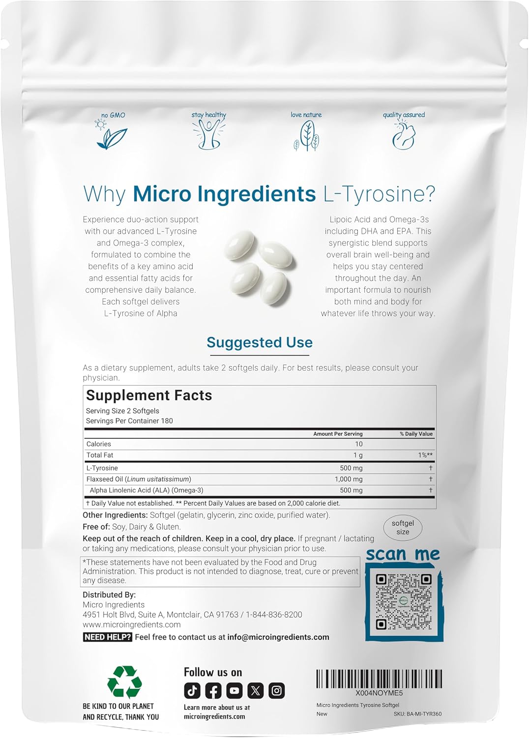 L-Tyrosine 500mg with Omega-3 from Flaxseed Oil, 360 Soft-gels - Brain, Mood & Cardiovascular Support – Image 2