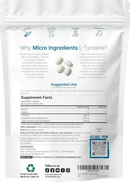 L-Tyrosine 500mg with Omega-3 from Flaxseed Oil, 360 Soft-gels - Brain, Mood & Cardiovascular Support – Image 2