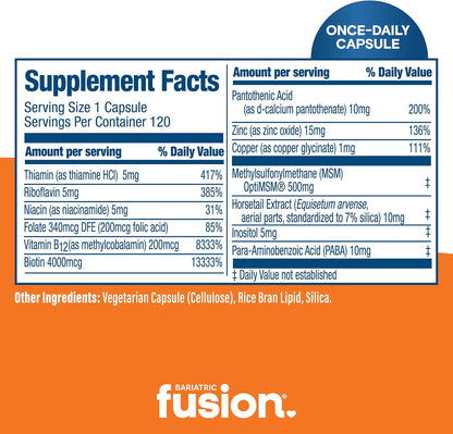 Bariatric Fusion ONE Per Day Hair, Skin and Nails Vitamins REJUVENATOR – Vegan Hair Growth Vitamins with Biotin, Vitamin B12, and B1 – Easy to Swallow – 120 Capsules