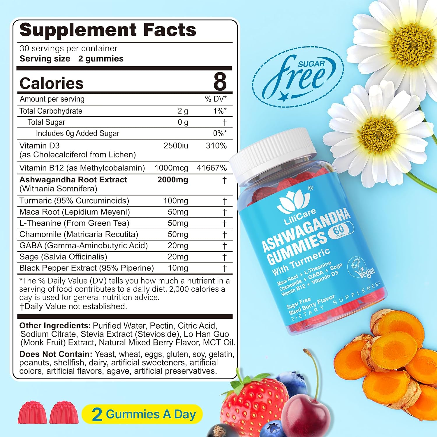 Organic Ashwagandha Gummies with Vitamin D3, B12 & Turmeric – Sugar Free, Vegan, Mixed Berry Flavour – 120 Count - görsel 2