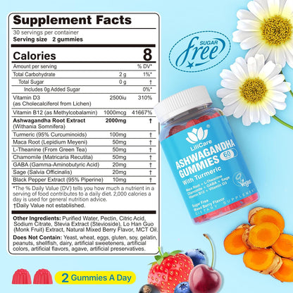 Organic Ashwagandha Gummies with Vitamin D3, B12 & Turmeric – Sugar Free, Vegan, Mixed Berry Flavour – 120 Count
