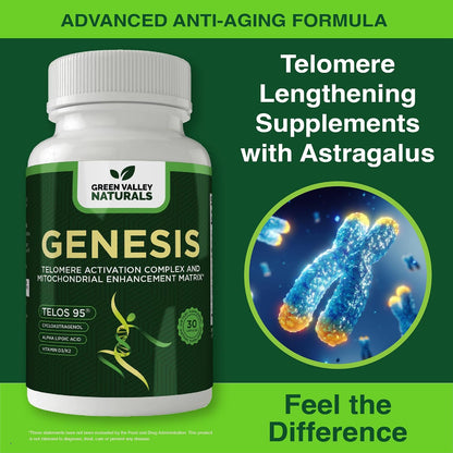 Genesis Telomere Length Supplement – Telos95® Astragalus Extract with CoQ10, D3, K2, ALA & Grape Seed | 30 Vegan Capsules – Image 2
