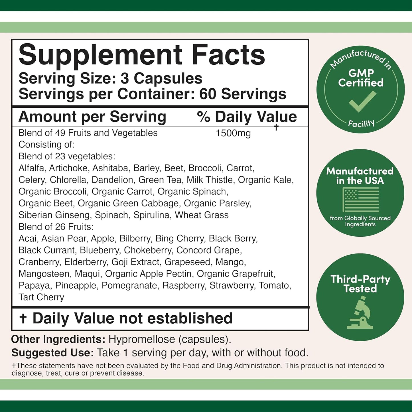 Fruits and Veggies Supplement (Daily Blend of 49 Different Fruits and Vegetables, 23 Veggies and 29 Fruits) 1,500mg Servings, 180 Capsules (No Fillers, Vegan Safe, Non-GM) by Double Wood - görsel 2