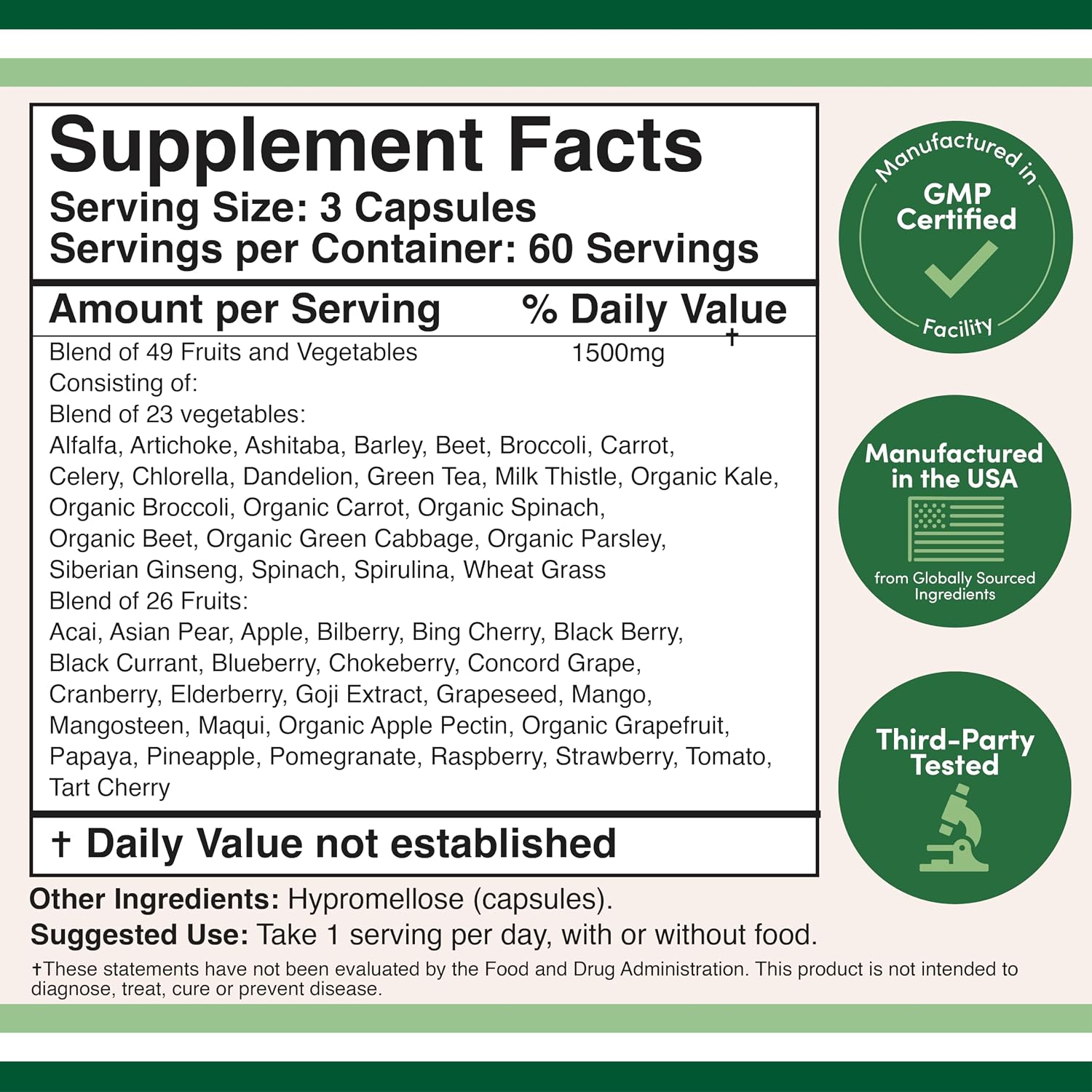 Fruits and Veggies Supplement (Daily Blend of 49 Different Fruits and Vegetables, 23 Veggies and 29 Fruits) 1,500mg Servings, 180 Capsules (No Fillers, Vegan Safe, Non-GM) by Double Wood - görsel 2