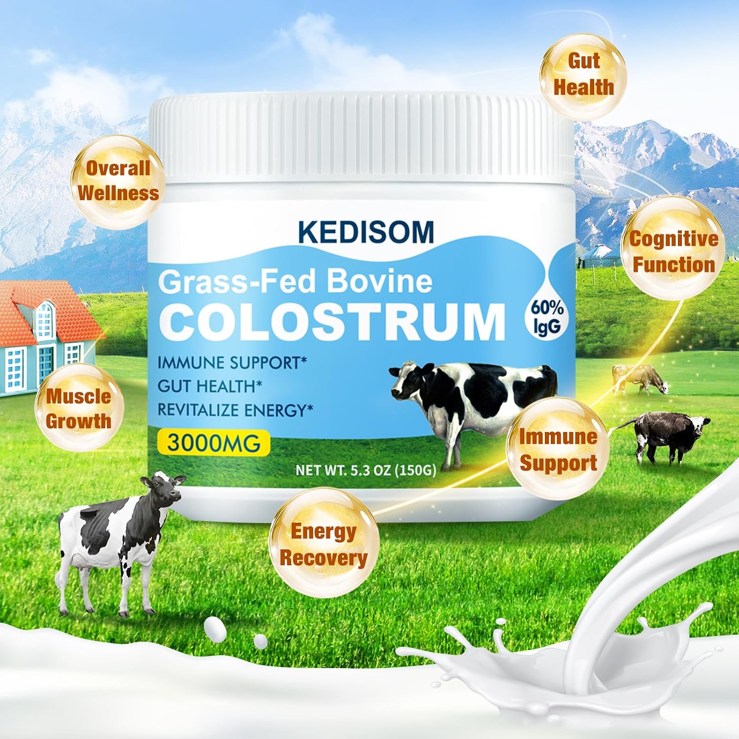 KEDISOM Grass-Fed Bovine Colostrum Powder – Liposomal, High IgG 3000 mg, Gut Health & Immune Support, Unflavoured, 50 Servings - görsel 6